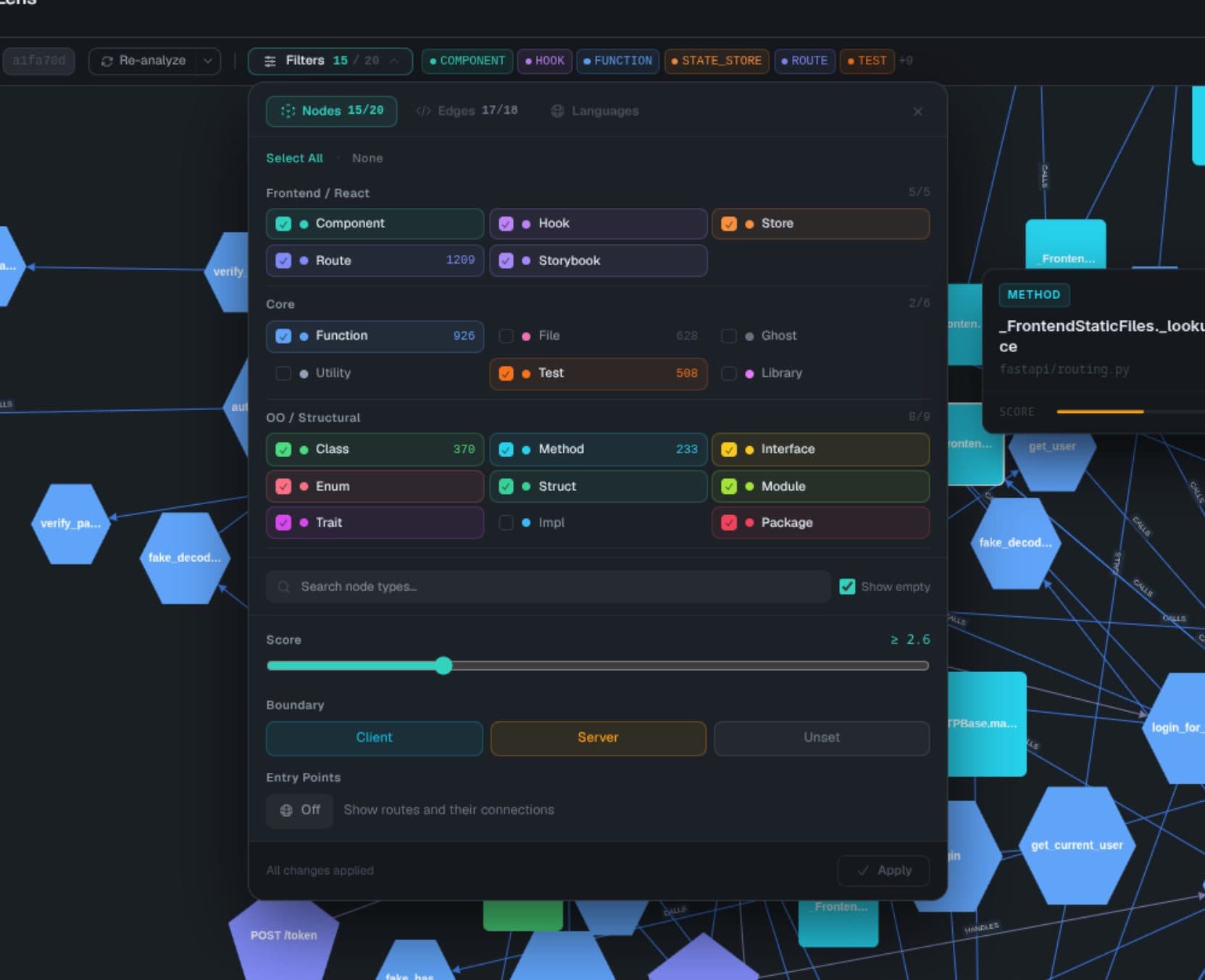 DevLens open-source web UI — node type filter panel with counts and score slider