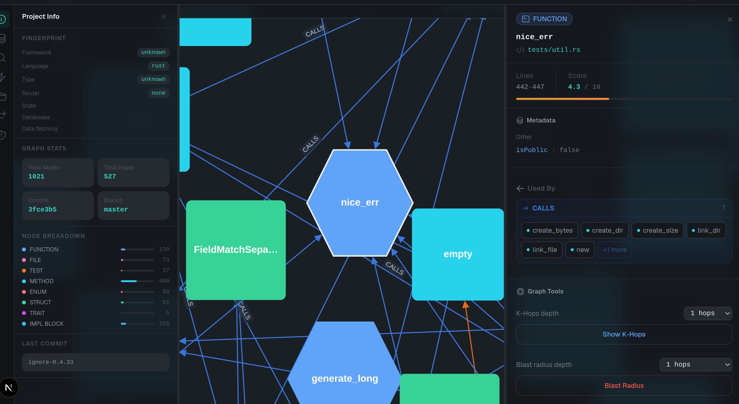 DevLens open-source web UI — project fingerprint, graph stats and blast radius tools
