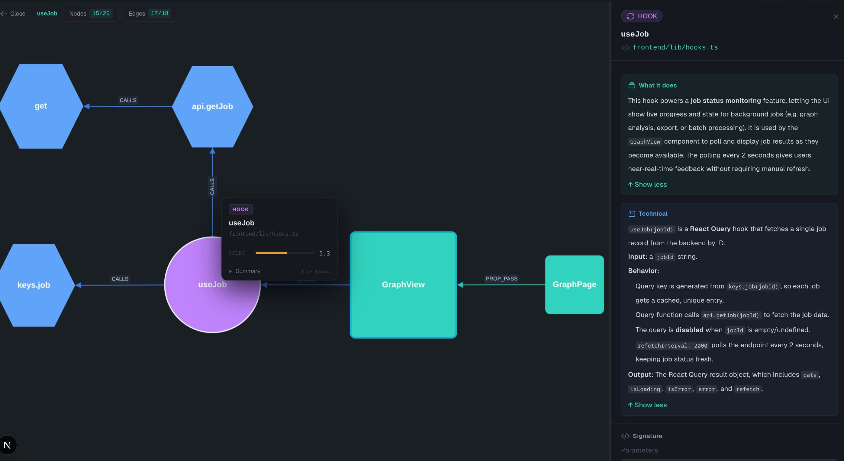 DevLens open-source web UI — node inspector with functional and technical AI summaries